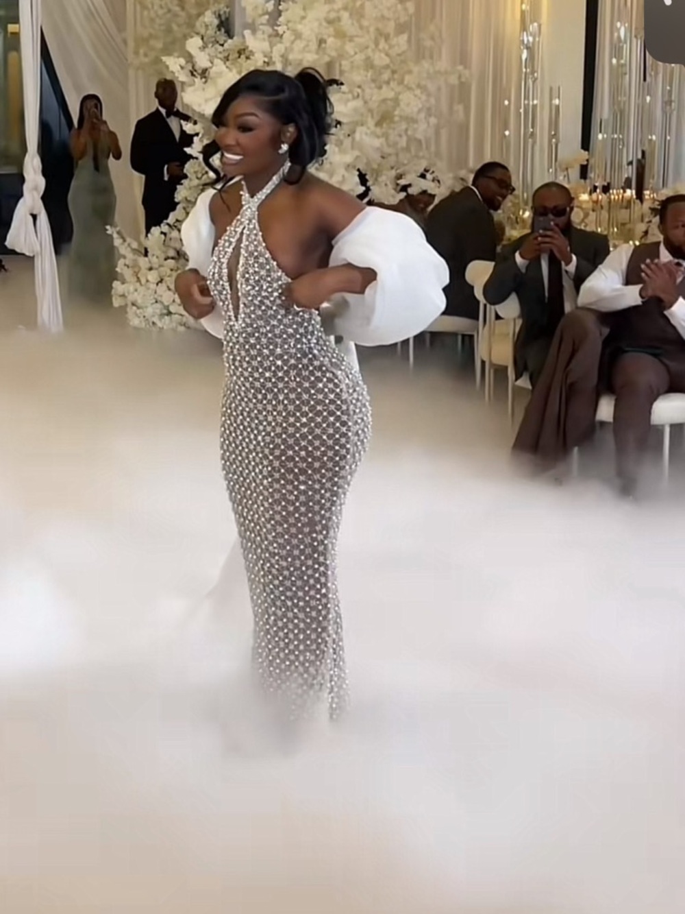 Silver Beaded Strapless Evening Gown with Puff Sleeve Accent